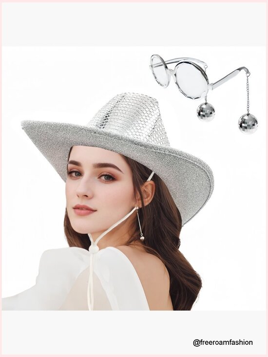 Disco Ball Cowboy Hat with Mirrored Sunglasses - Sparkly Sequin Party Costume main image 3